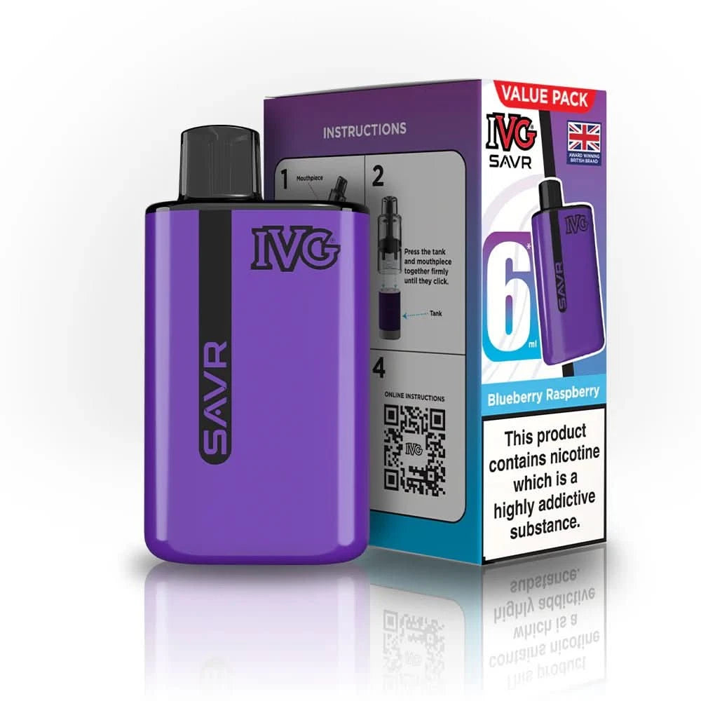 IVG SAVR 3000 Disposable Starter Vape Device - Pack of 5 - Eliquid Base - Blueberry Raspberry
